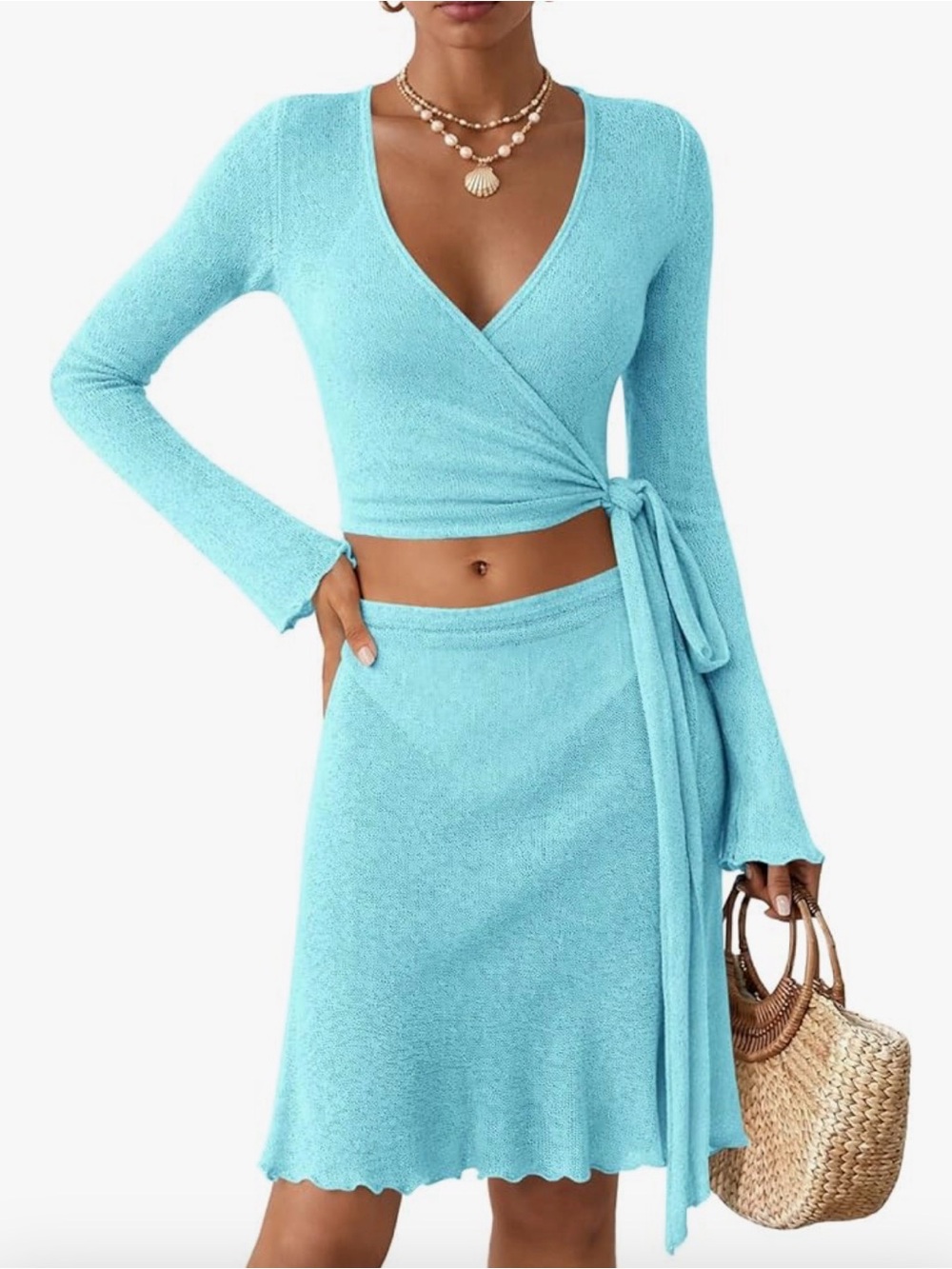 Bathing Suit Cover Up Sheer Wrap Tie Crop Top Mini Skirt Set Bikini Cover Beach